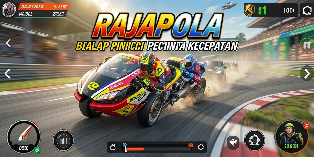 Screenshot gameplay RAJAPOLA dengan aksi balapan yang mendebarkan.