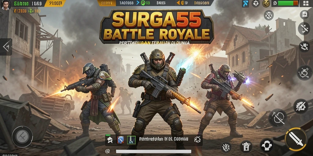 Tampilan aksi seru dalam gameplay SURGA55 Battle Royale.